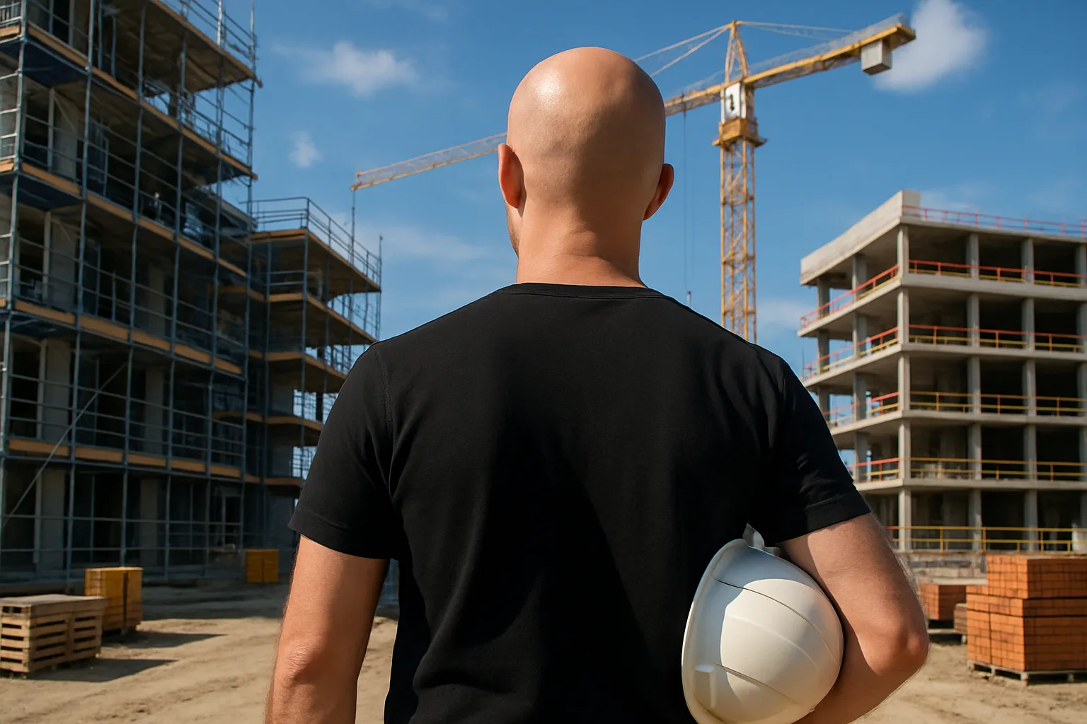 Direct contact en deskundige begeleiding op de bouwplaats Bouwkundig tekenaar van Bouwplan24 op bouwlocatie met bouwhelm in hand