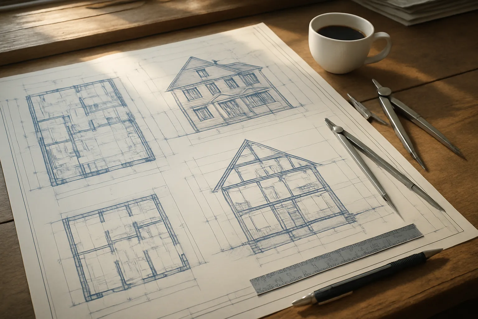 Bouwkundig tekenwerk in uitvoering, bouwtekening klaarliggend op tafel
