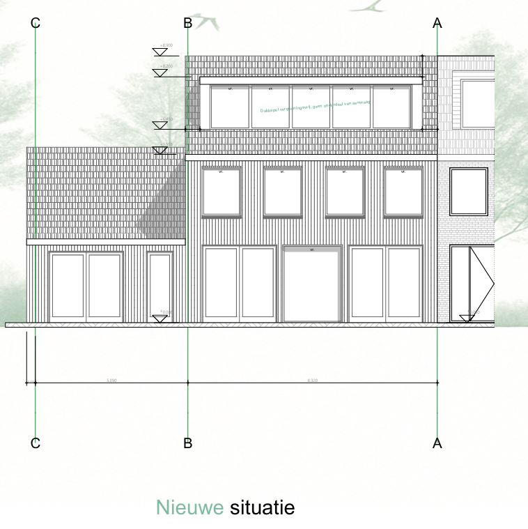 Achtergevel – Tweelaagse Aanbouw en Vernieuwd Ontwerp Achtergevel tekening van een woning met een tweelaagse aanbouw, grote raampartijen en vernieuwde gevelafwerking.