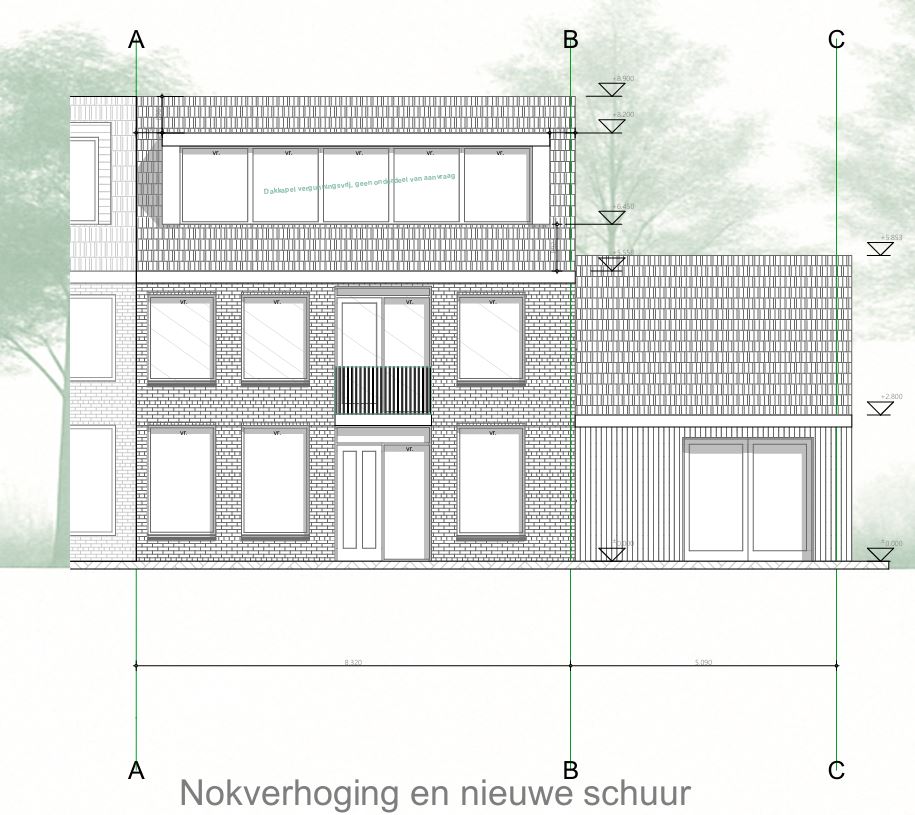 Voorgevel tekening van een woning met nokverhoging, nieuwe gevelisolatie met steenstrips en een vergrote garage.