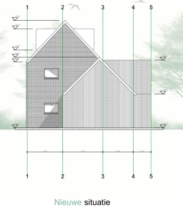 Zijgevelaanzicht – Uitbreiding en Renovatie Architectonische tekening van de zijgevel met nokverhoging, aanbouw en vernieuwde gevelafwerking.