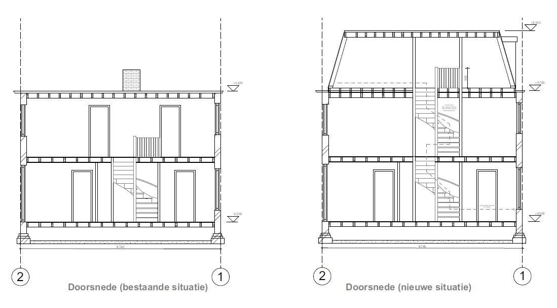 Doorsnede tekening van een dakopbouw aan de Noorderwijkweg in Beverwijk, met constructieve details en ruimtelijke indeling.