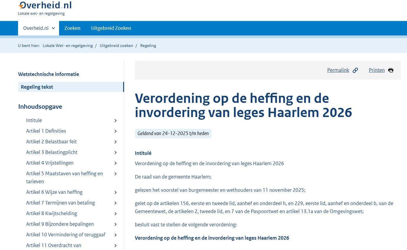 Legesverordening Haarlem 2026 met tarieven voor bouw- en omgevingsvergunningen