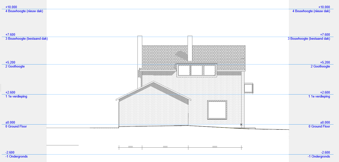 Bouwkundige tekening van de zijgevel van een villa in Zandvoort door Bouwplan24