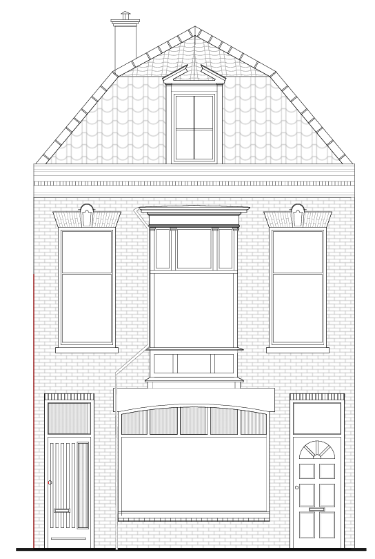 Vooraanzicht van de voorgevel van een woning met moderne ramen en entree