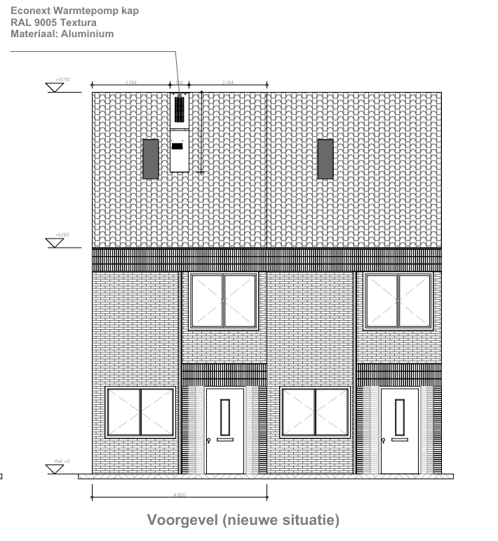 Voorgeveltekening van een woning met warmtepomp aan de gevel
