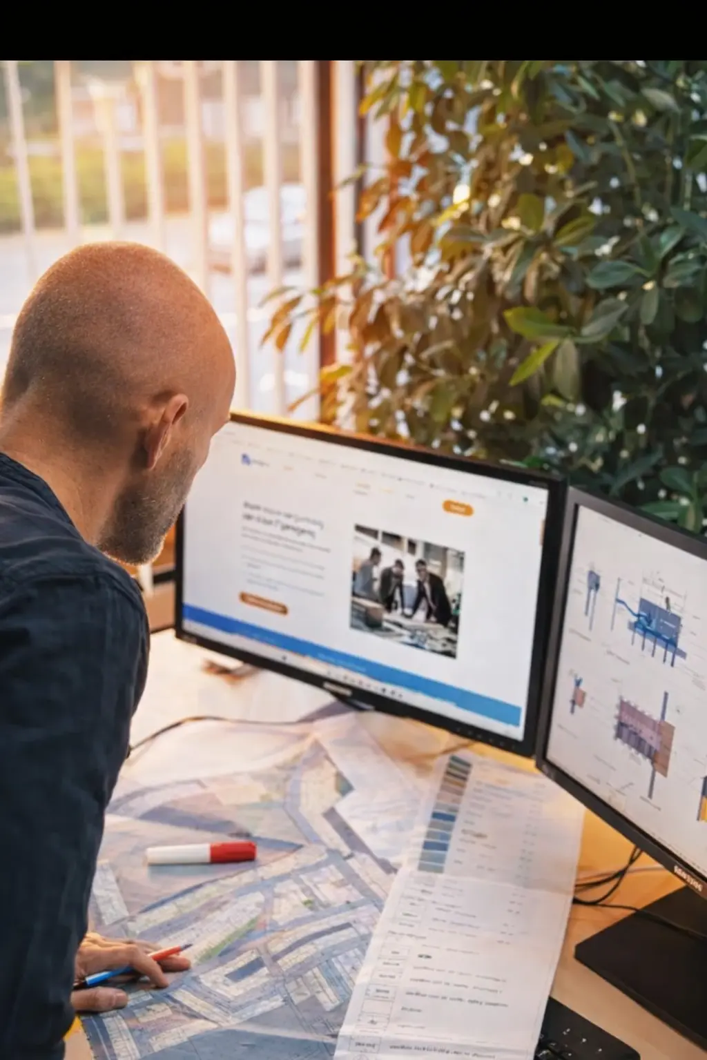 Dhr. Fictoor bestudeert een bouwtekening aan tafel.